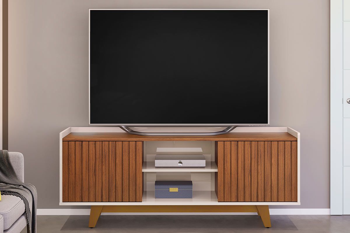 Rack Bancada p/ TV até 60 Pol Flat Ripado c/2 Portas 150x60cm DJ MóveisFreijó/Off White
