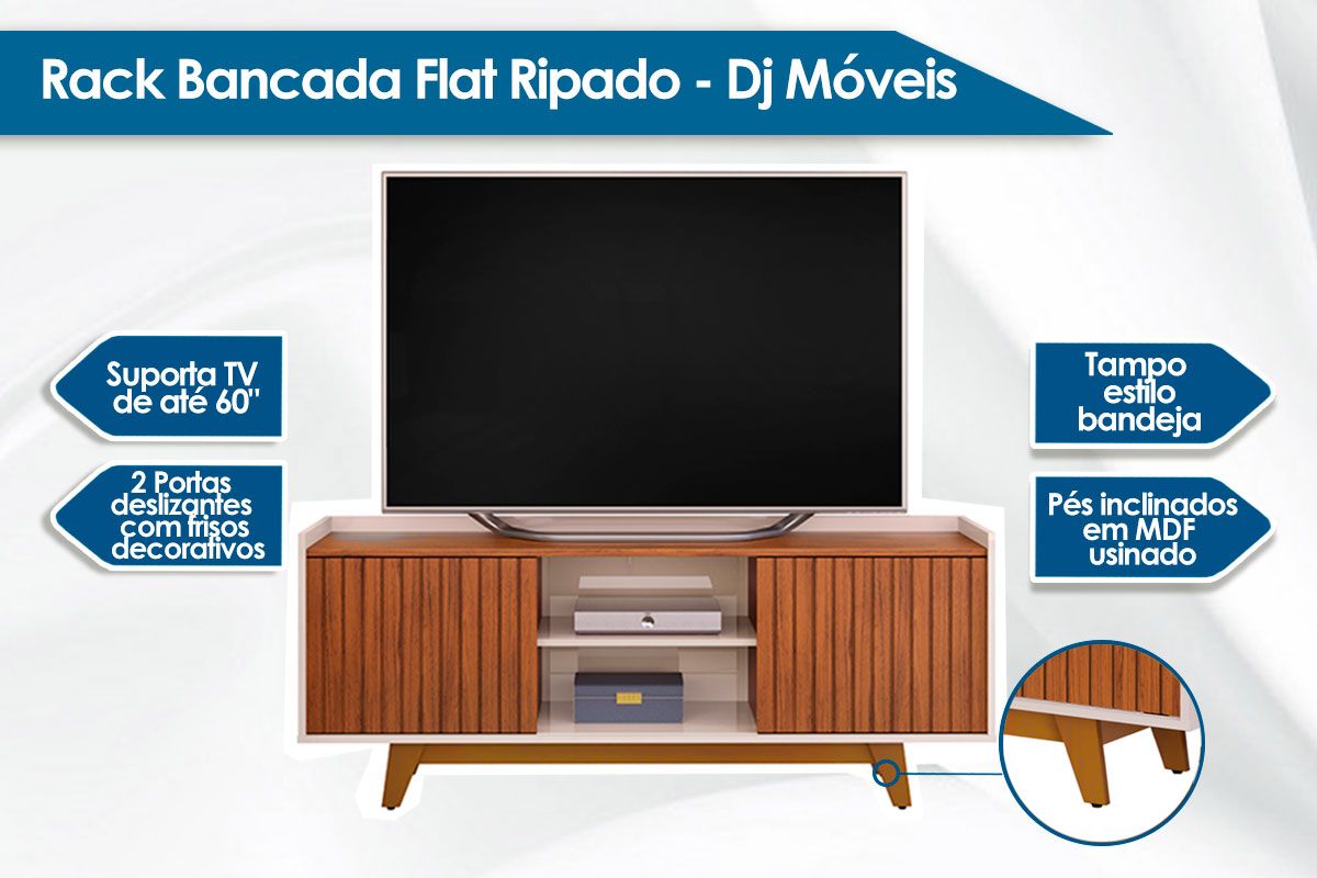 Rack Bancada p/ TV até 60 Pol Flat Ripado c/2 Portas 150x60cm DJ Móveis