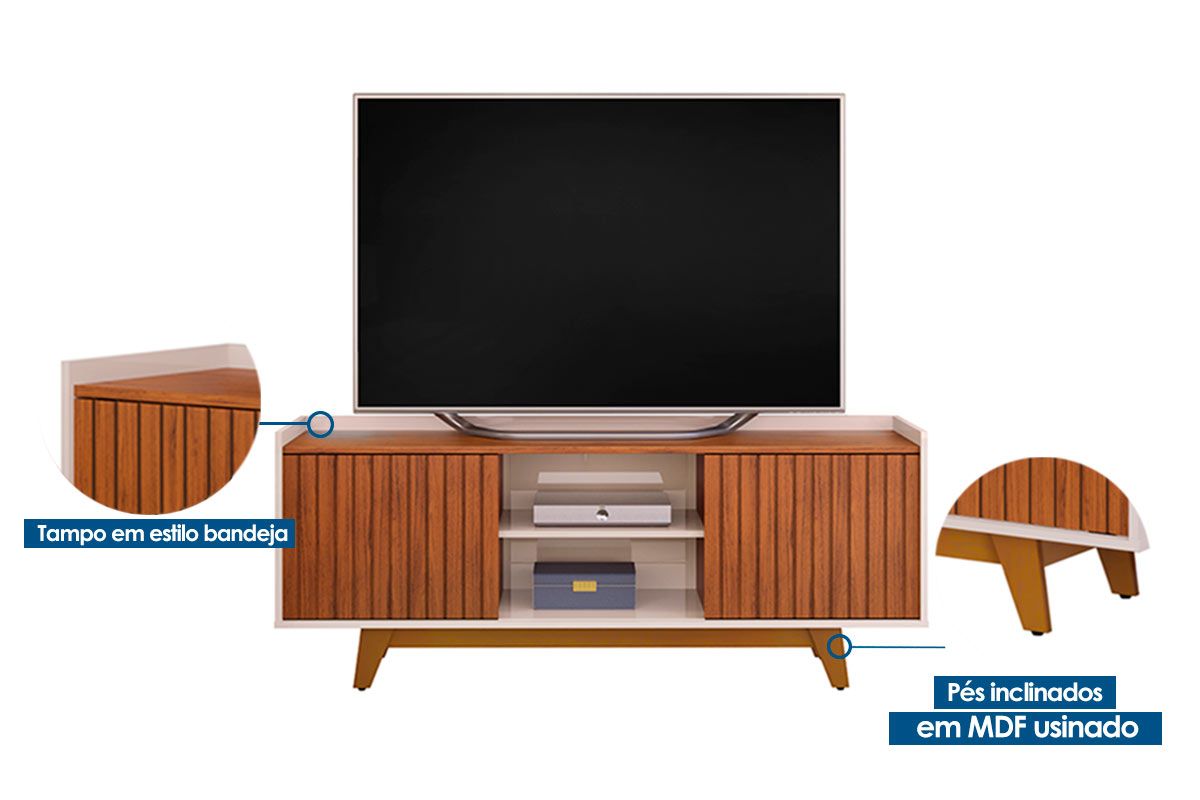 Rack Bancada p/ TV até 60 Pol Flat Ripado c/2 Portas 150x60cm DJ Móveis