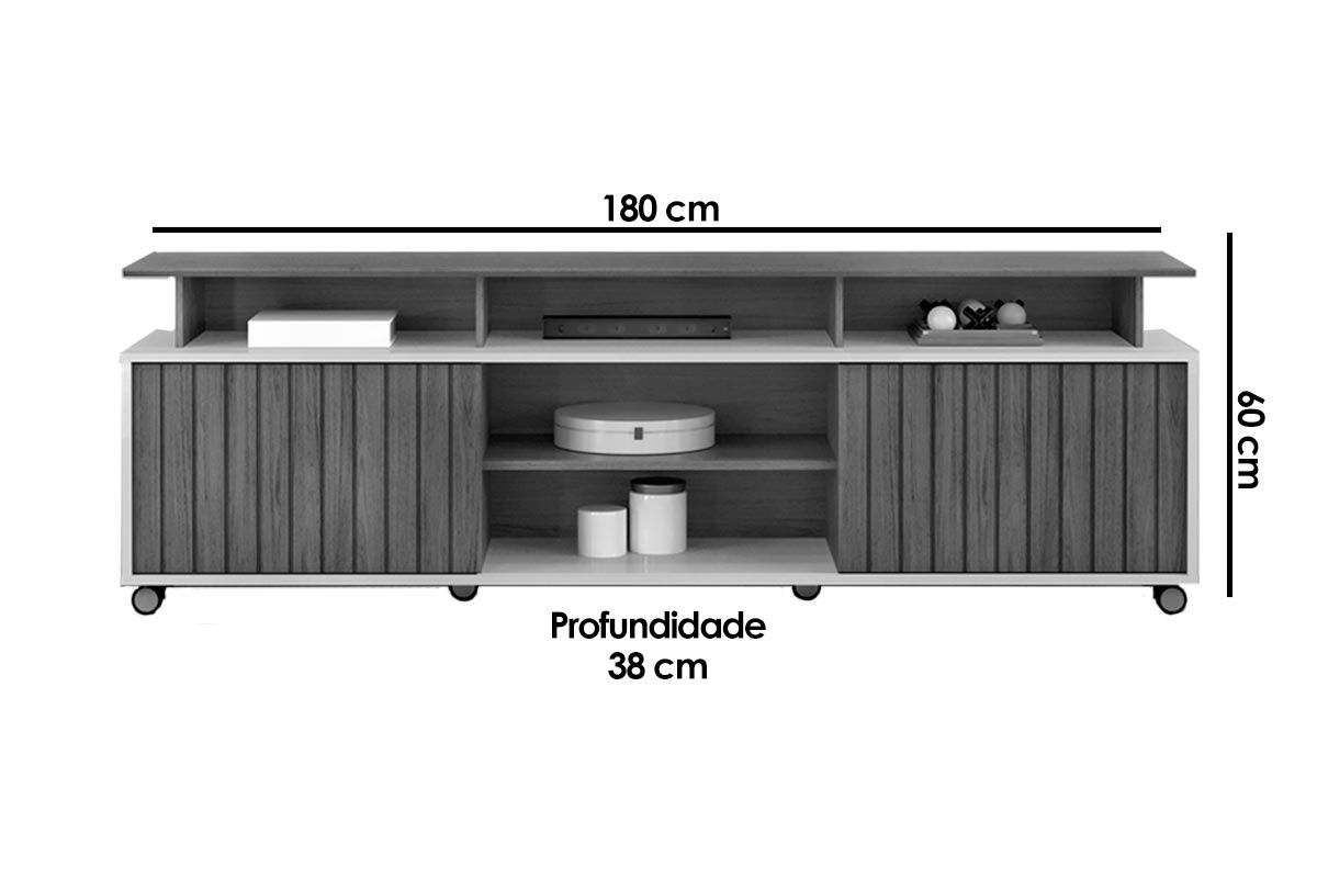 Rack Bancada p/ TV até 70 Polegadas Olimpic Ripado c/Nichos e Rodizios 180x60cm DJ Móveis Rack Bancada p/ TV até 70 Polegadas Olimpic Ripado c/Nichos e Rodizios 180x60cm DJ Móveis