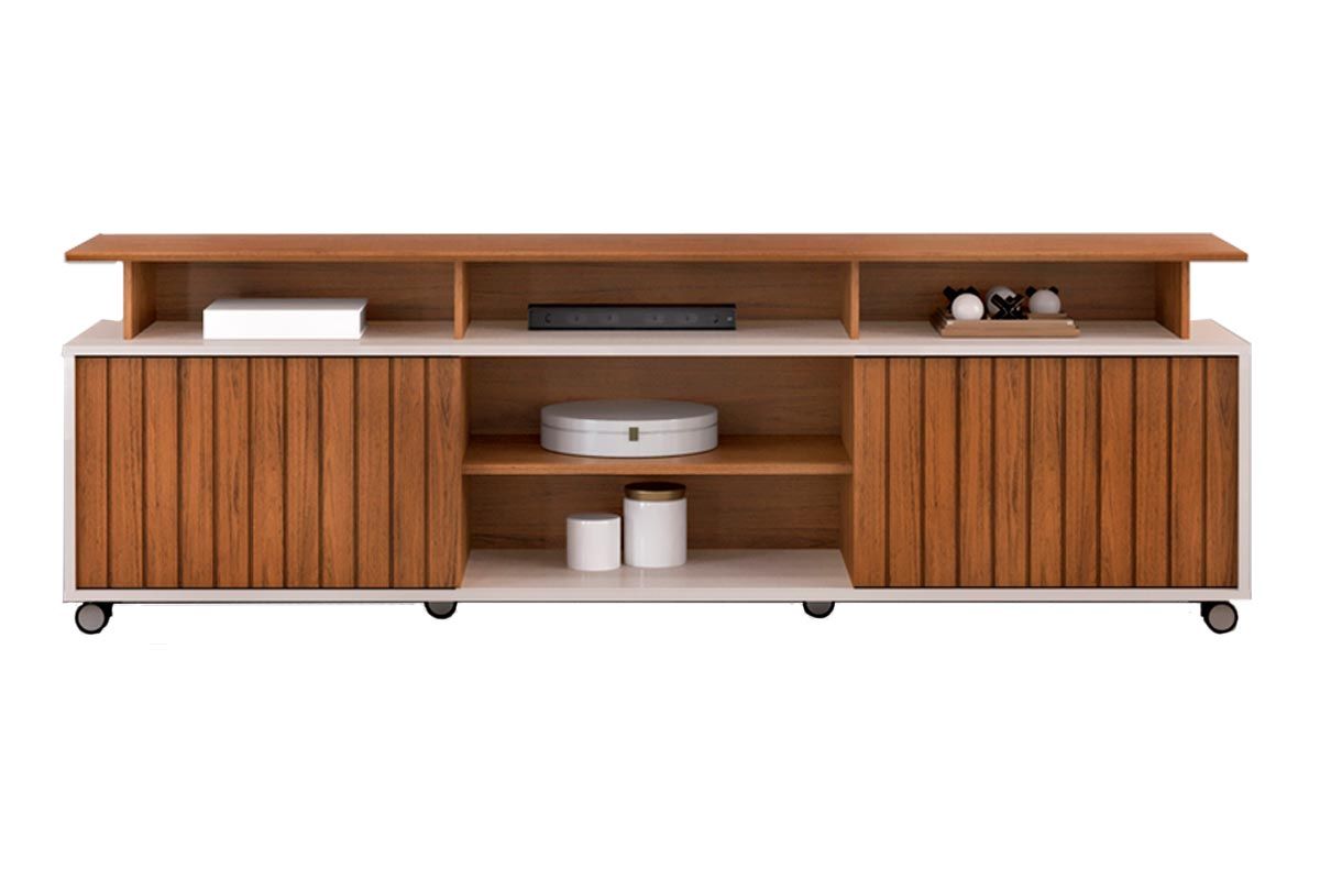 Rack Bancada p/ TV até 70 Polegadas Olimpic Ripado c/Nichos e Rodizios 180x60cm DJ Móveis Rack Bancada p/ TV até 70 Polegadas Olimpic Ripado c/Nichos e Rodizios 180x60cm DJ Móveis