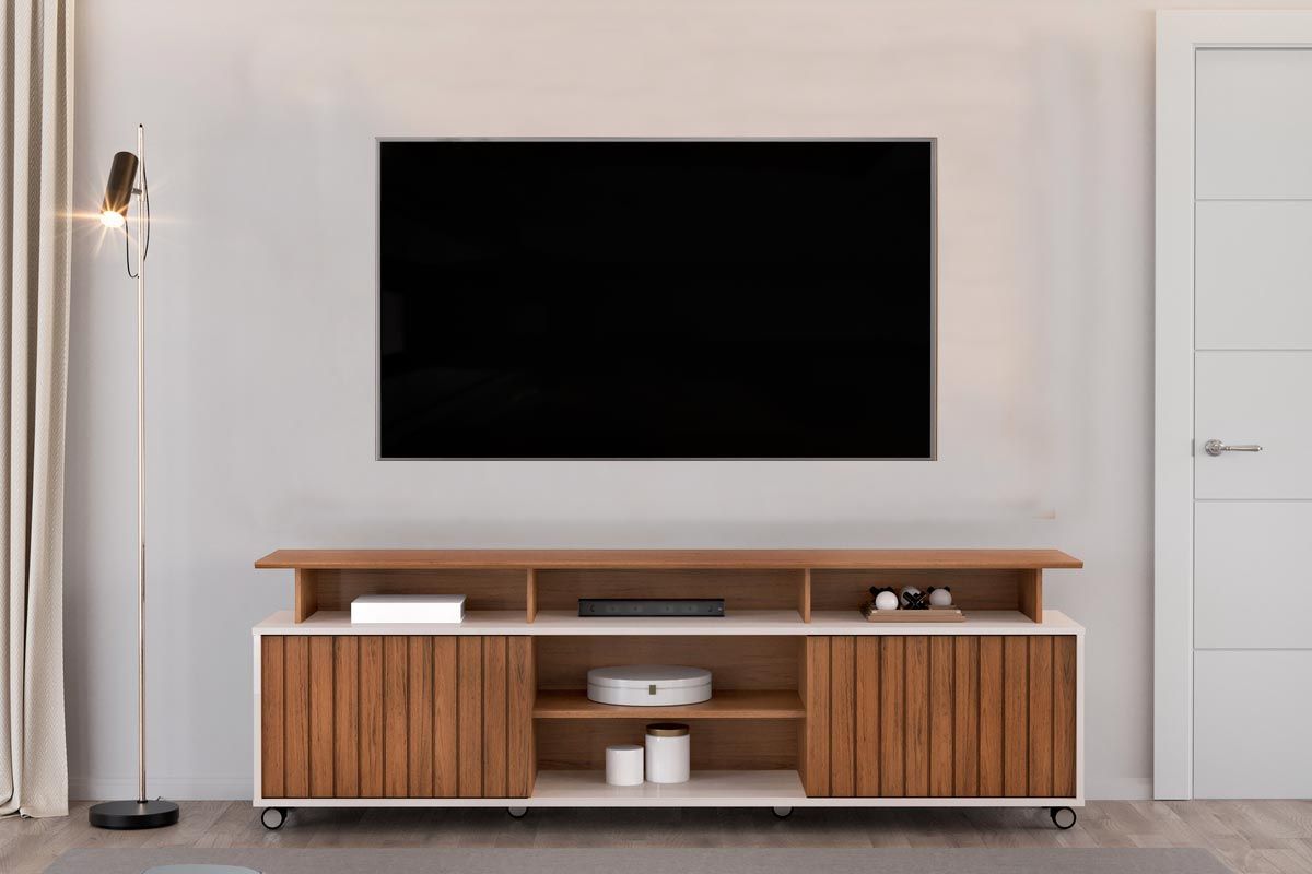 Rack Bancada p/ TV até 70 Polegadas Olimpic Ripado c/Nichos e Rodizios 180x60cm DJ Móveis