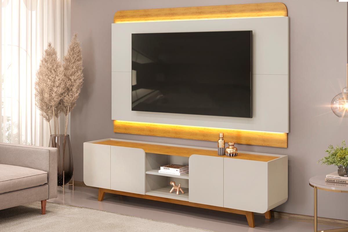 Rack Bancada c/ Painel p/ TV até 75 Polegadas Nadine Led e Nichos 220x196cm - DJ Móveis