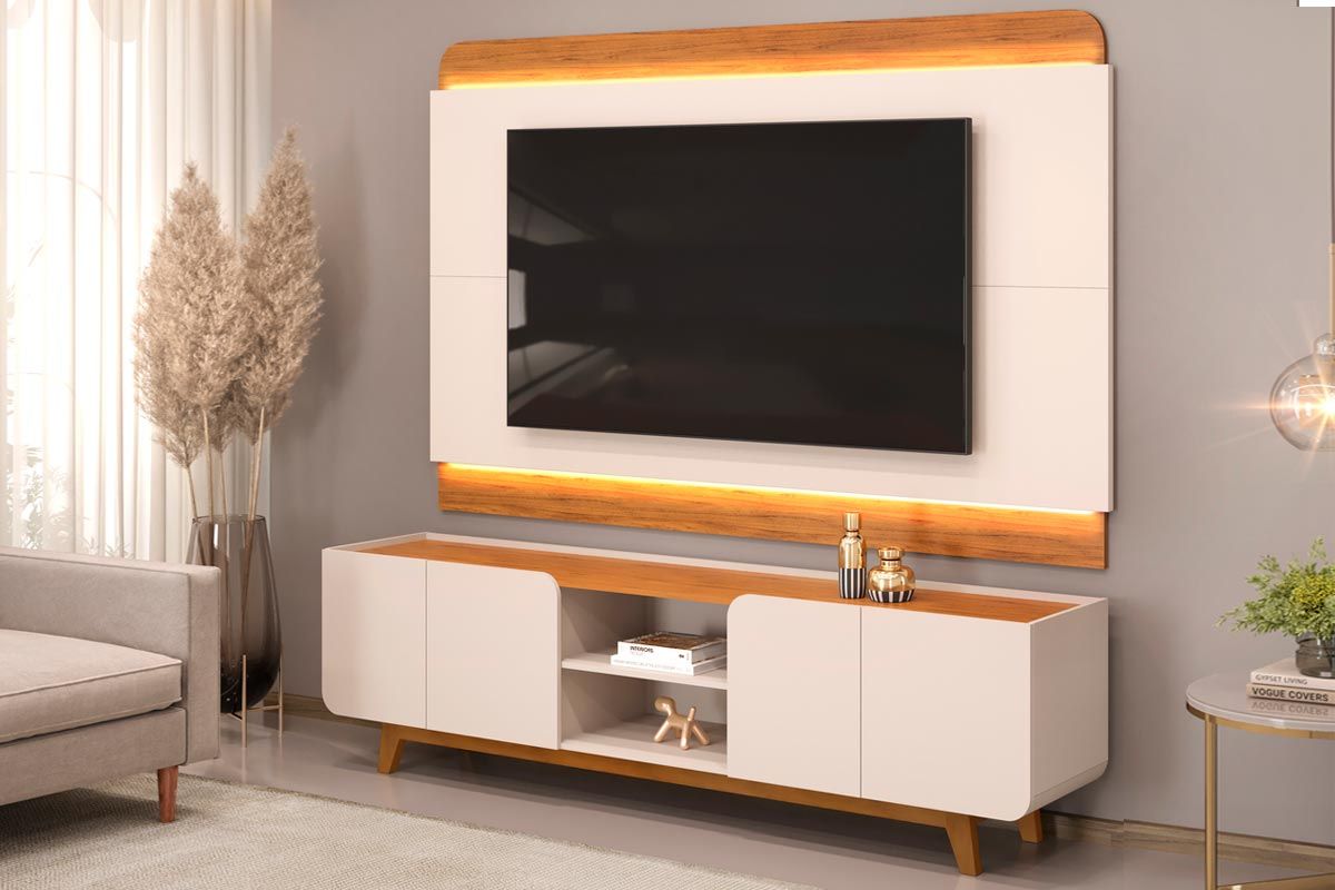 Rack Bancada c/ Painel p/ TV até 75 Polegadas Nadine Led e Nichos 220x196cm - DJ Móveis