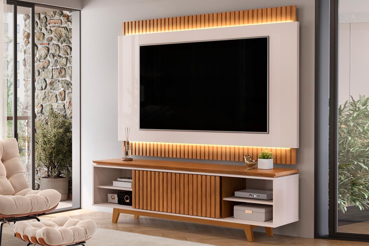 Rack Bancada c/ Painel p/ TV até 75 Polegadas Loren Ripada Nichos 200x194cm - DJ Móveis