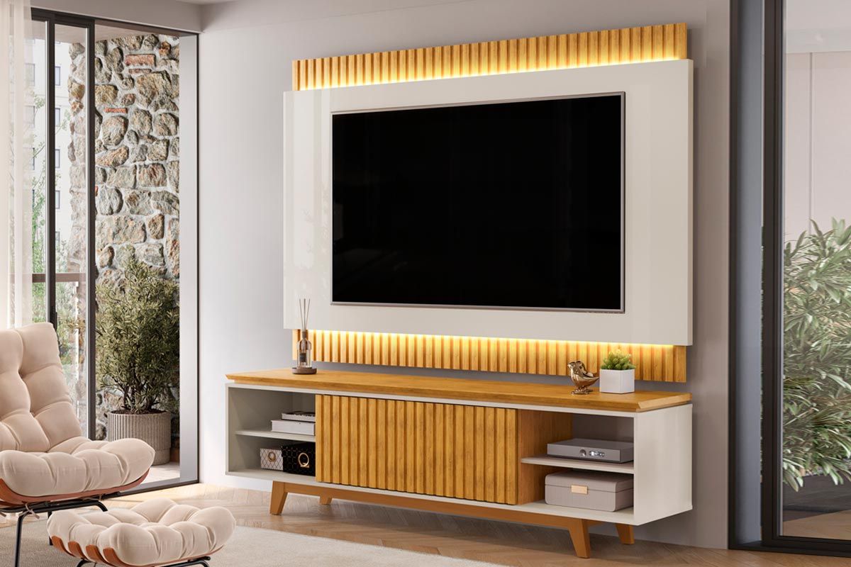 Rack Bancada c/ Painel p/ TV até 75 Polegadas Loren Ripada Nichos 200x194cm - DJ Móveis