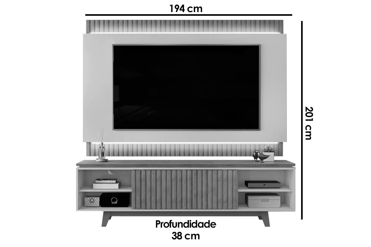 Rack Bancada c/ Painel p/ TV até 75 Polegadas Loren Ripada Nichos 200x194cm - DJ Móveis