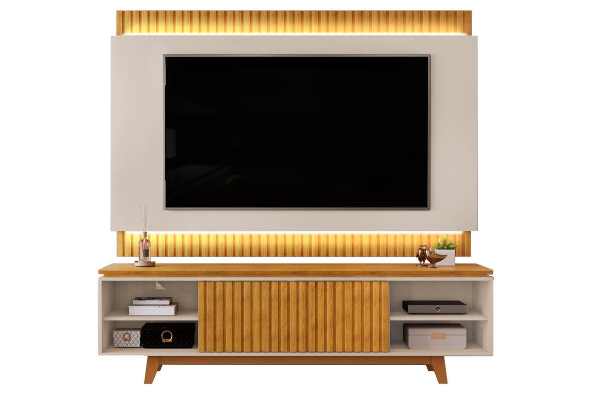 Rack Bancada c/ Painel p/ TV até 75 Polegadas Loren Ripada Nichos 200x194cm - DJ Móveis