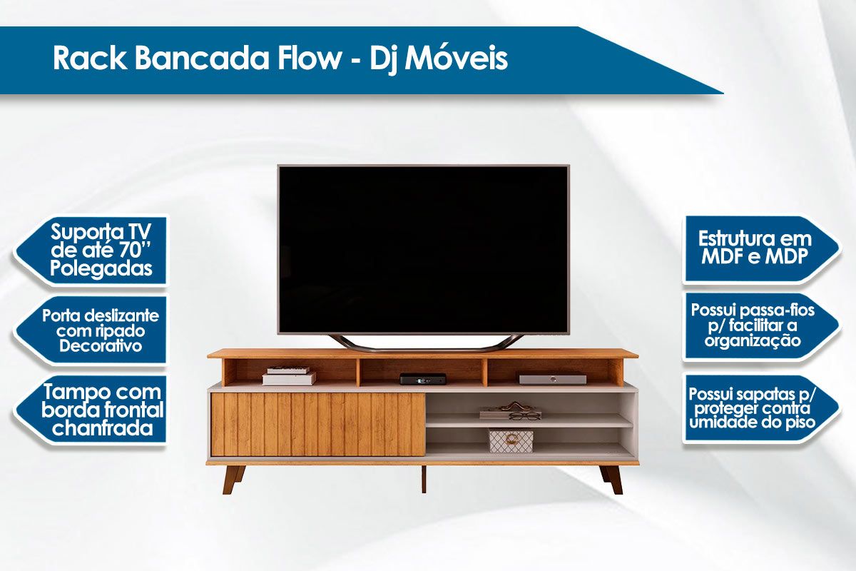 Rack Bancada p/ TV até 70 Pol Flow 180cm DJ Móveis Rack Bancada p/ TV até 70 Pol Flow 180cm DJ Móveis