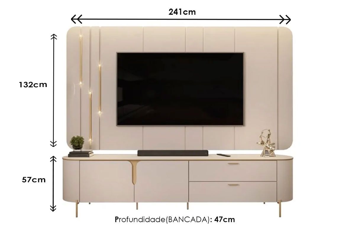 Rack Bancada c/Painel p/ TV até 75 Pol Celine c/Led 241cm - DJ Móveis