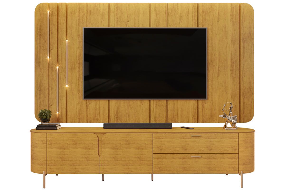 Rack Bancada c/Painel p/ TV até 75 Pol Celine c/Led 241cm - DJ MóveisCedro