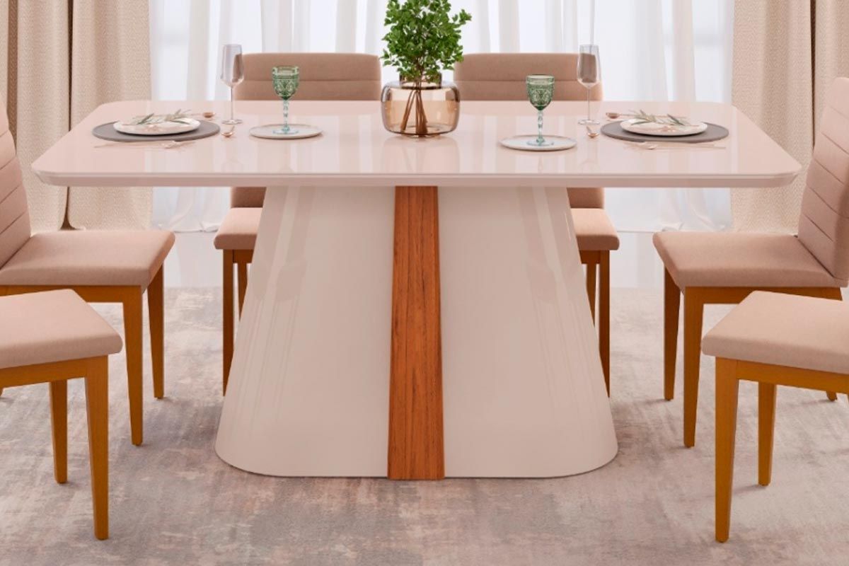Mesa Jantar Ryze c/Tampo Madeirado Vidro Curvo 180x100cm DJ Móveis