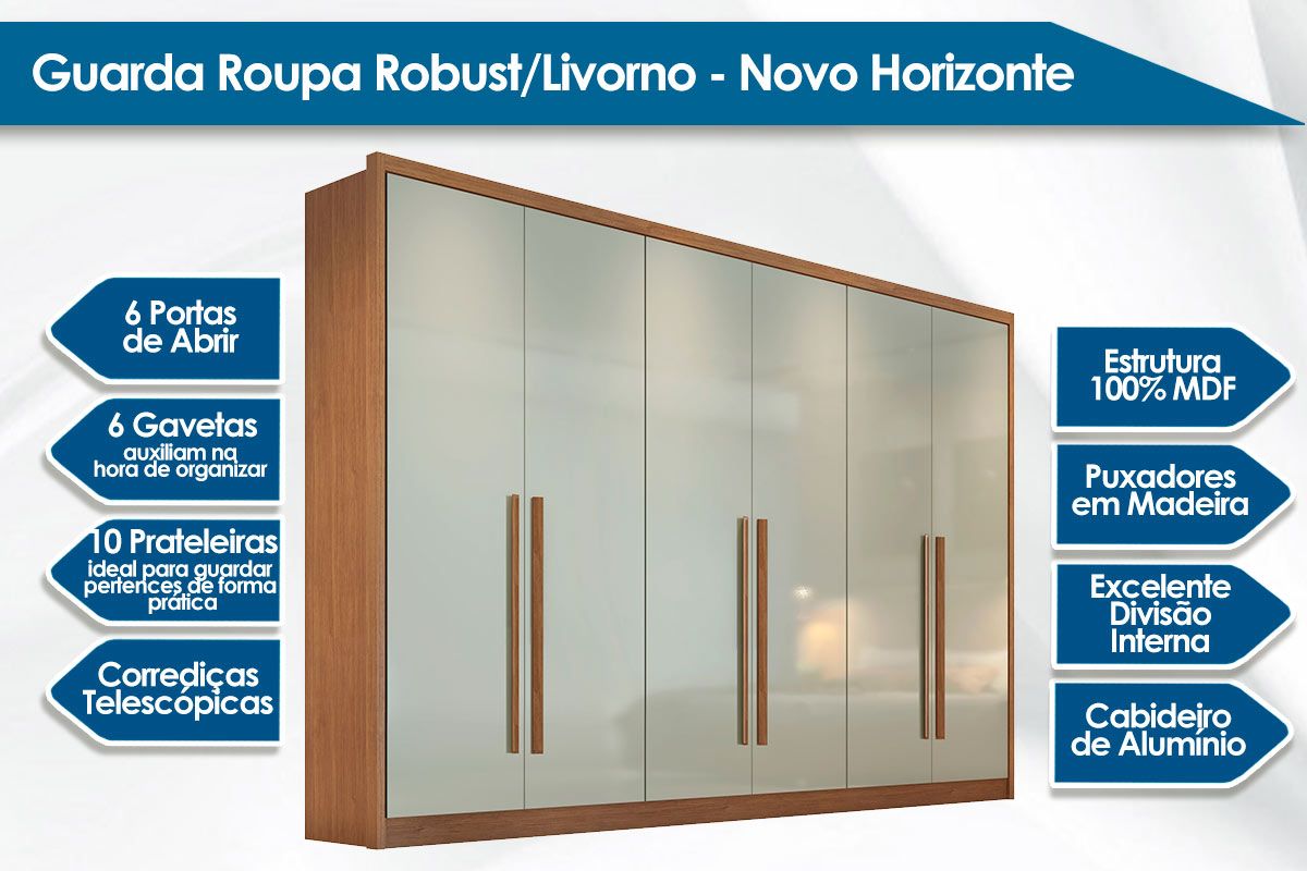 Guarda Roupa Casal 6 Portas 6Gavs Robust/Livorno Plus N. Horizonte