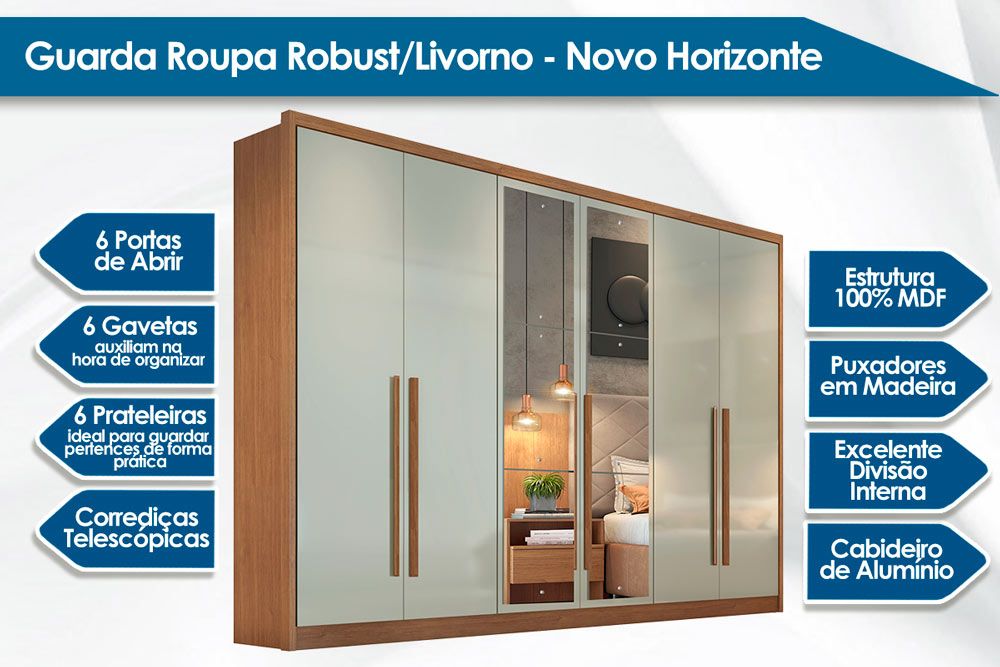 Guarda Roupa Casal 6 Portas c/Espelho 6Gavs Robust/Livorno Plus N. Horizonte Guarda Roupa Casal 6 Portas c/Espelho 6Gavs Robust/Livorno Plus N. Horizonte