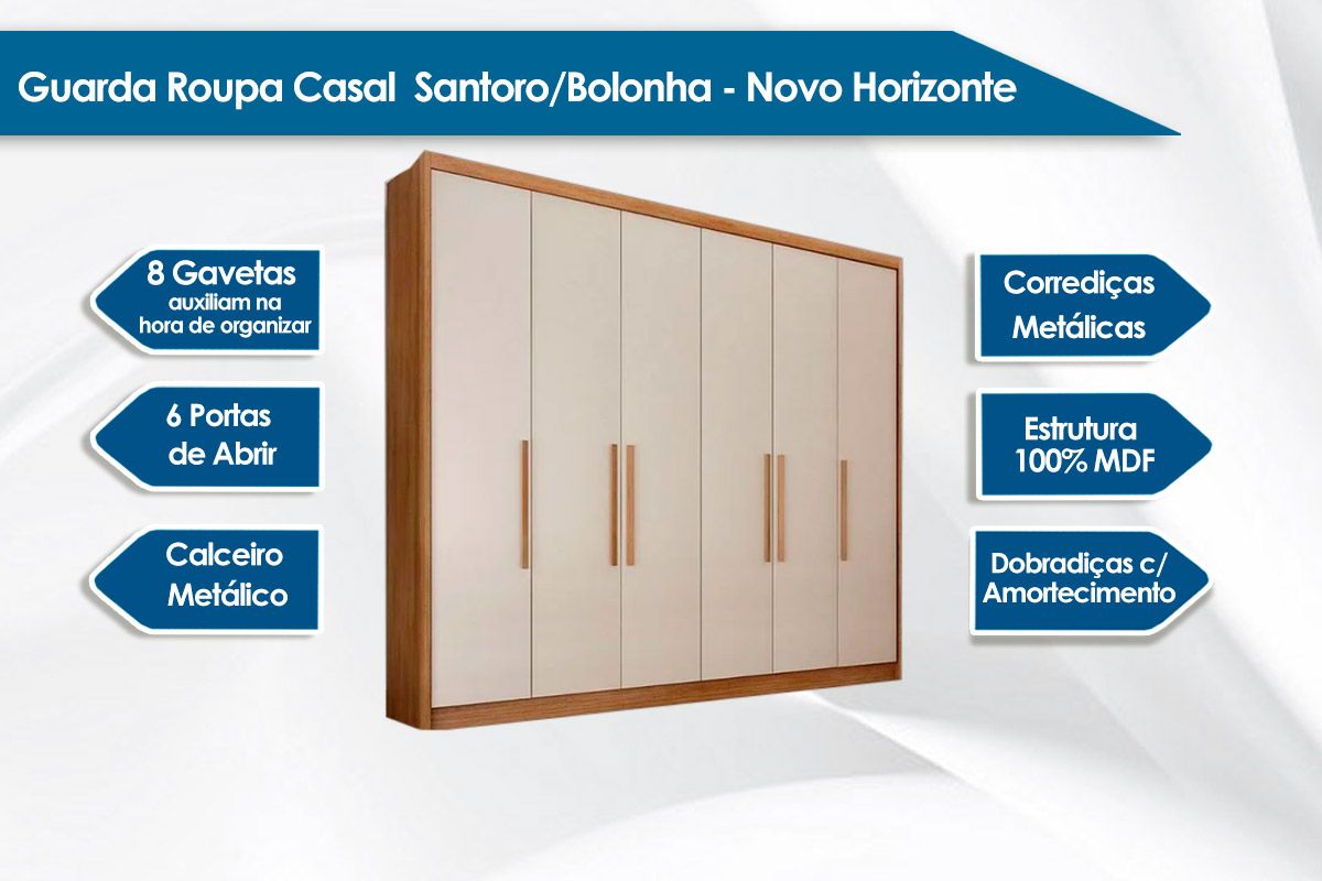 Guarda Roupa Casal 6 Portas e 8 Gavetas Santoro/Bolonha N. Horizonte Guarda Roupa Casal 6 Portas e 8 Gavetas Santoro/Bolonha N. Horizonte