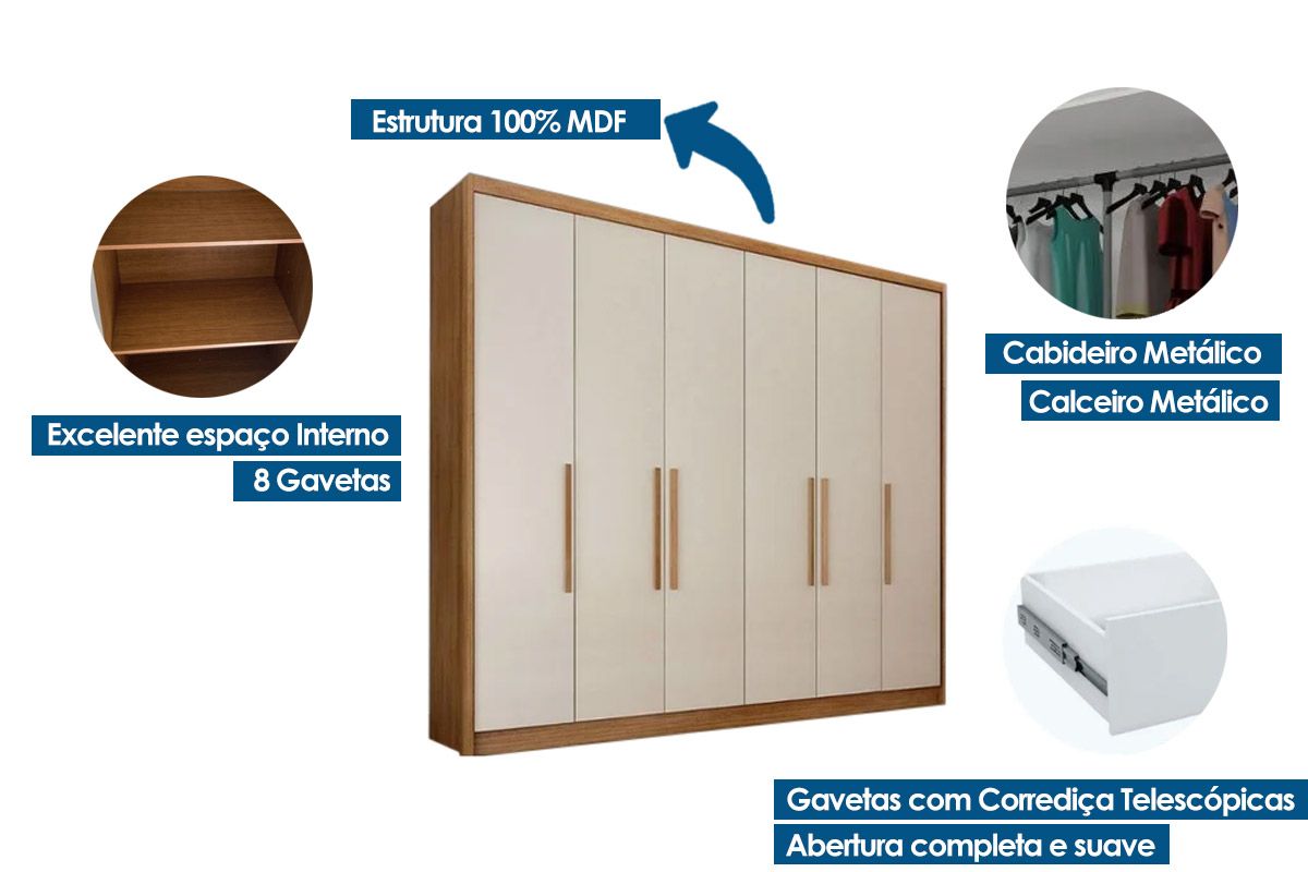 Guarda Roupa Casal 6 Portas e 8 Gavetas Santoro/Bolonha N. Horizonte Guarda Roupa Casal 6 Portas e 8 Gavetas Santoro/Bolonha N. Horizonte