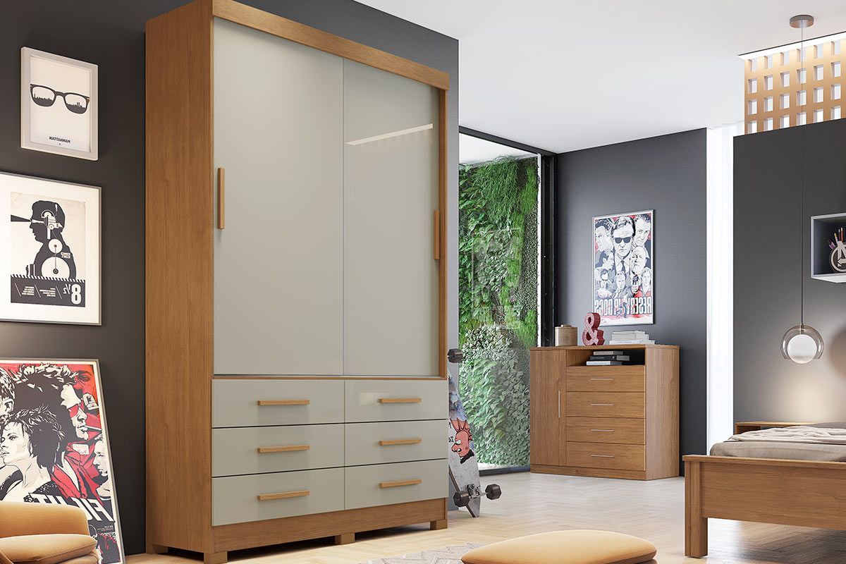 Guarda Roupa Solteiro 2 Portas e 6 Gavetas Buriti/Jequitibá N. HorizonteCumaru/Fendi 25