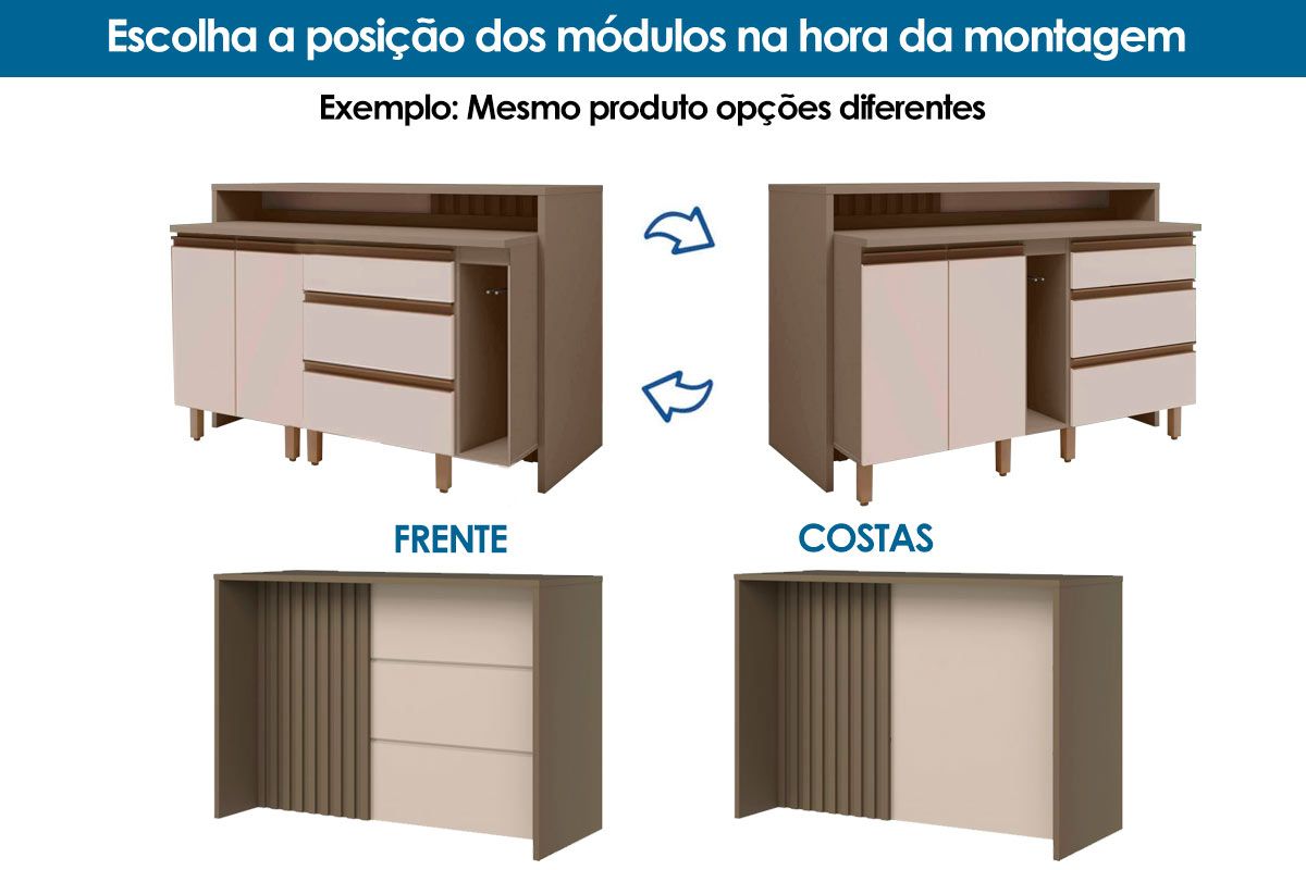 Bancada Ilha Cozinha Henn Gourmet Connect c/2 Portas 3Gavs 145cm