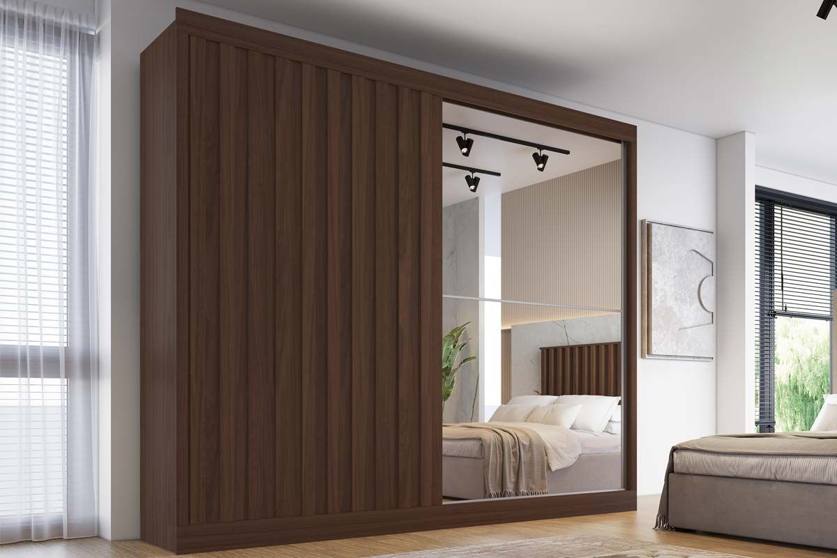 Guarda Roupa Casal 2 Portas de Correr (1 Ripada e 1 c/Espelho) e 4 Gavetas Atlanta Europa
