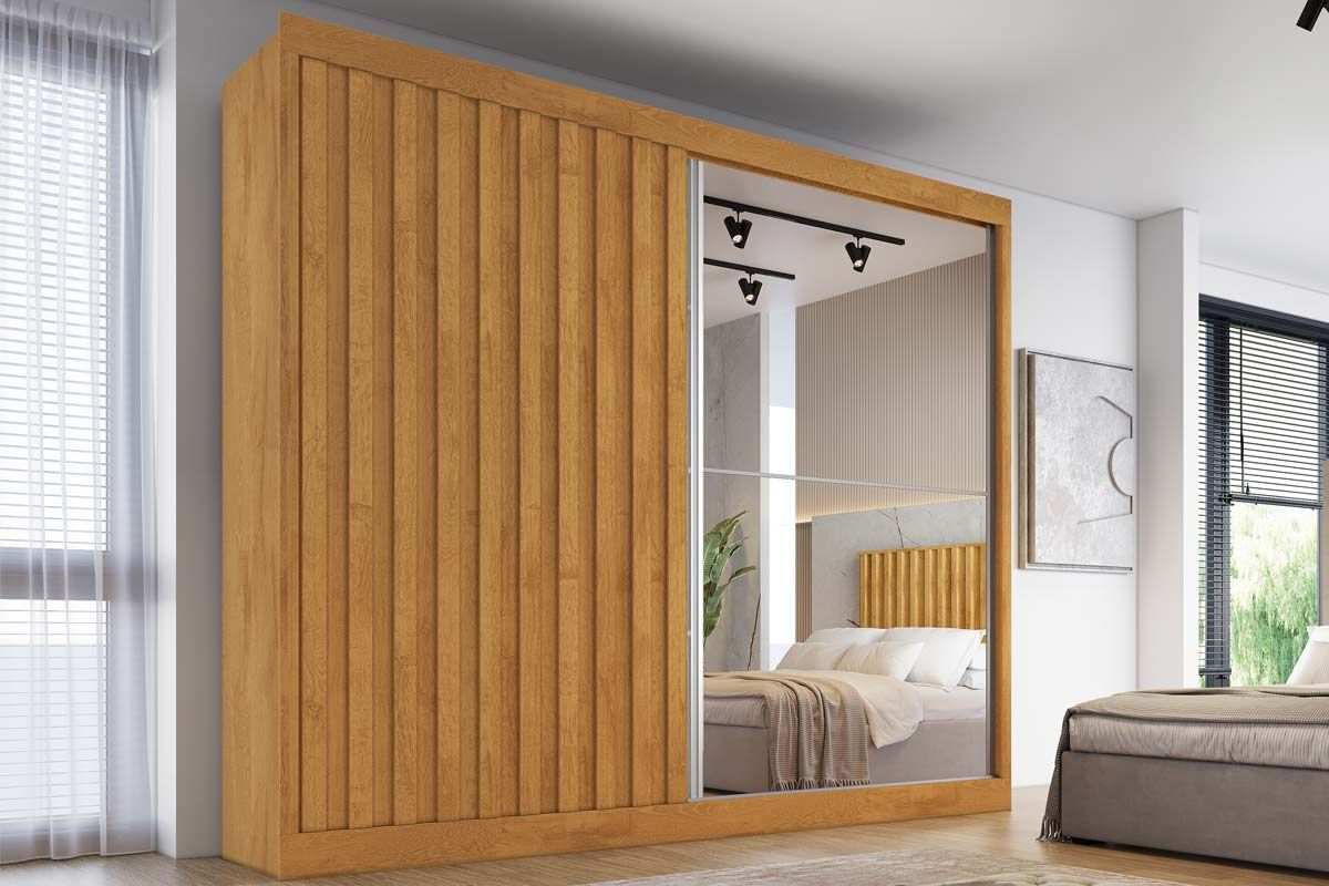 Guarda Roupa Casal 2 Portas de Correr (1 Ripada e 1 c/Espelho) e 4 Gavetas Atlanta EuropaPeroba