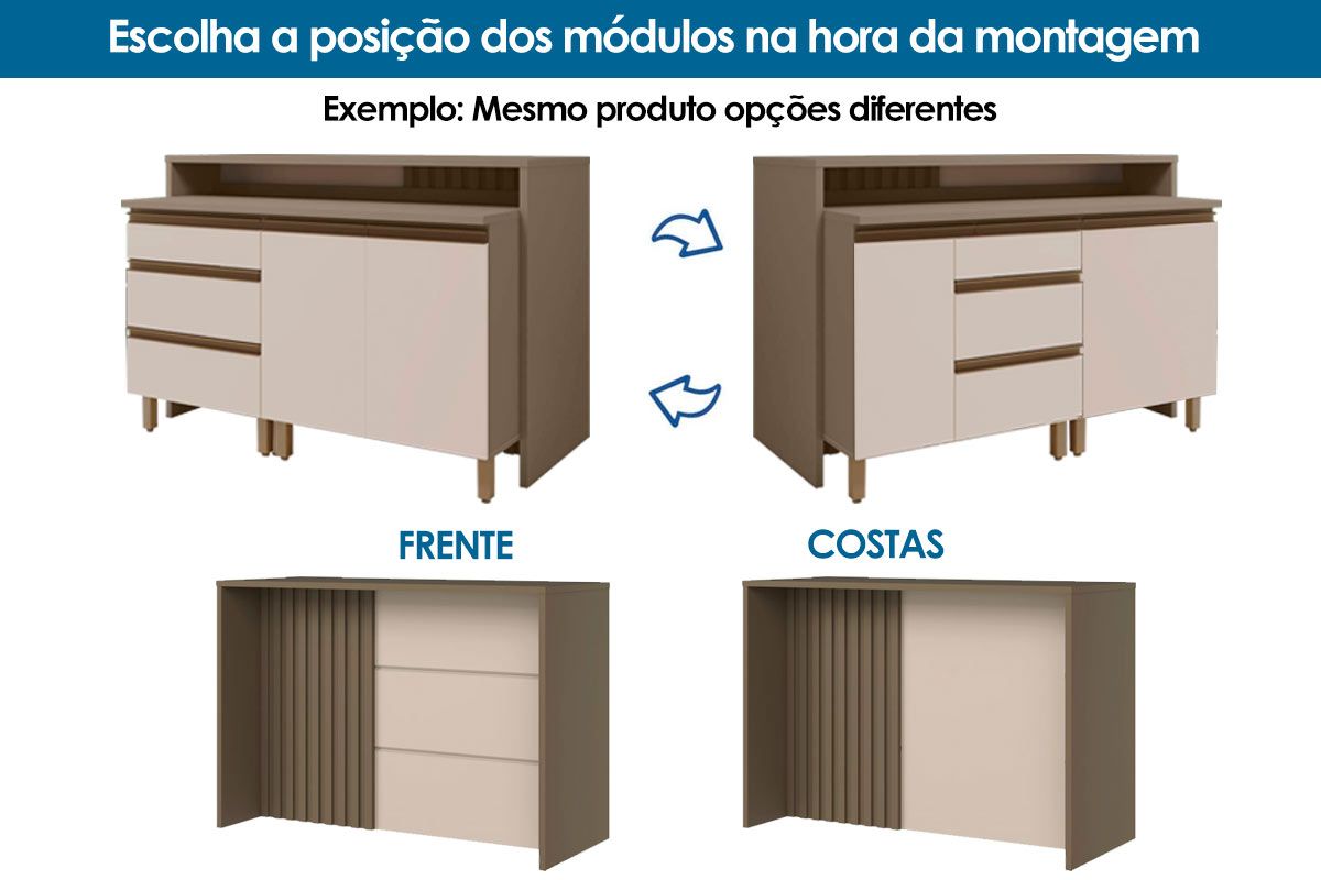 Bancada Ilha Cozinha Henn Gourmet Connect c/2 Portas 3Gavs 145cm