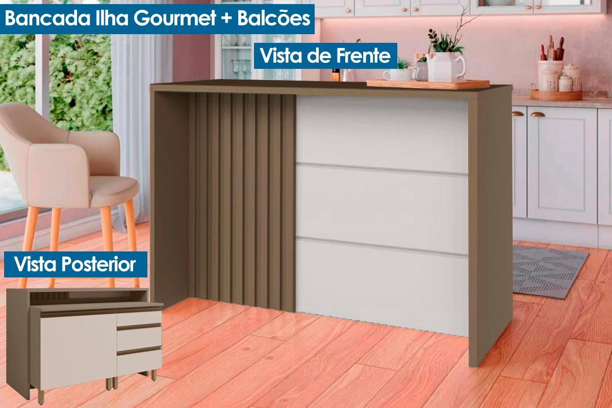 Bancada Ilha Cozinha Henn Gourmet Connect c/2 Portas 3Gavs 145cm
