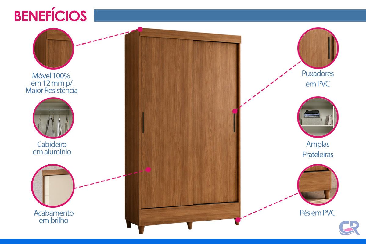 Guarda Roupa Solteiro 2 Portas de Correr e 2 Gavetas c/Pés Fit S. Andirá