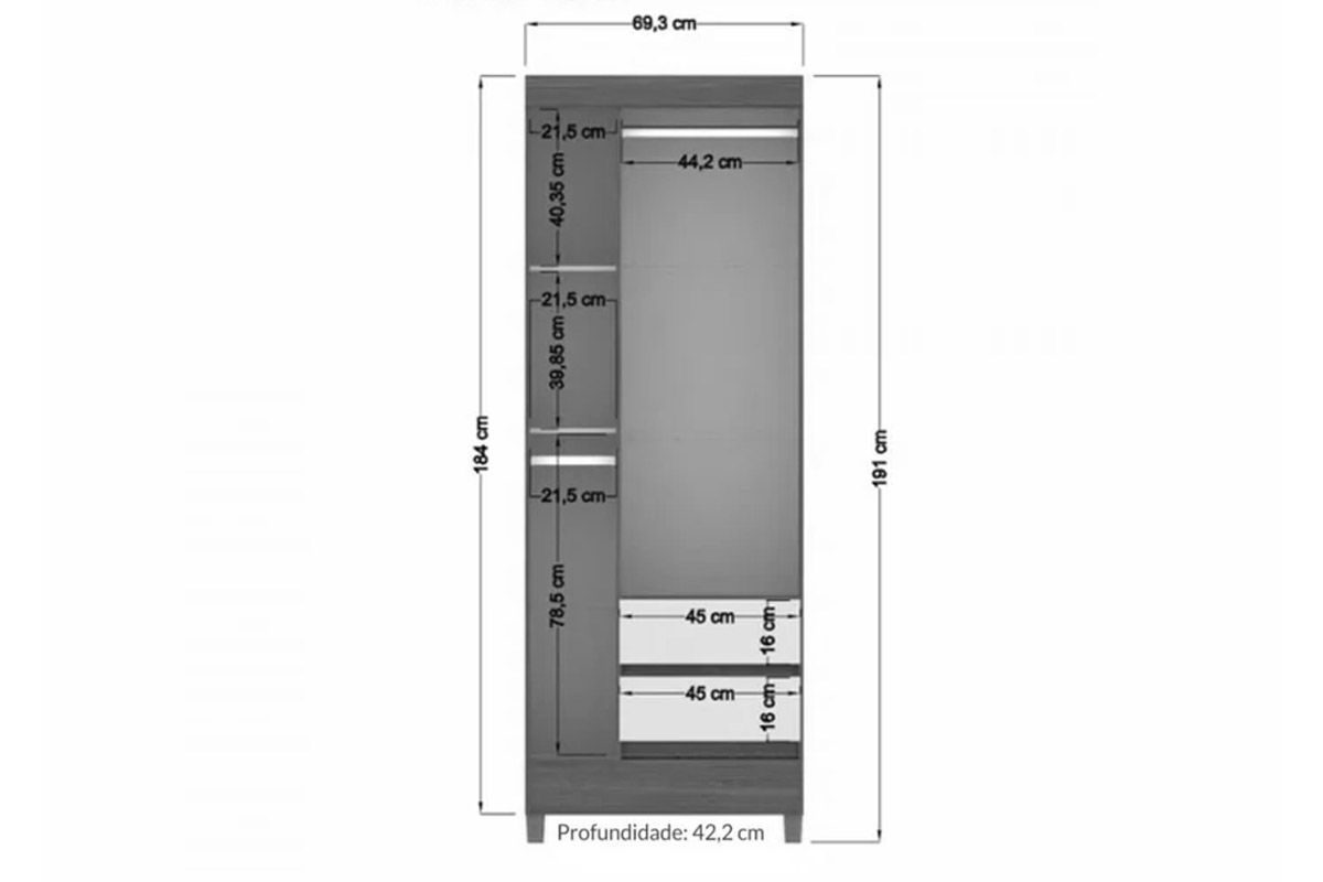 Guarda Roupa Solteiro 3 Portas e 2 Gavetas c/Pés Fit 3.2 S. Andirá