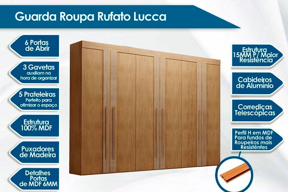 Guarda Roupa Casal 6 Portas e 6 Gavetas c/Pés Lucca Premium Rufato Guarda Roupa Casal 6 Portas e 6 Gavetas c/Pés Lucca Premium Rufato