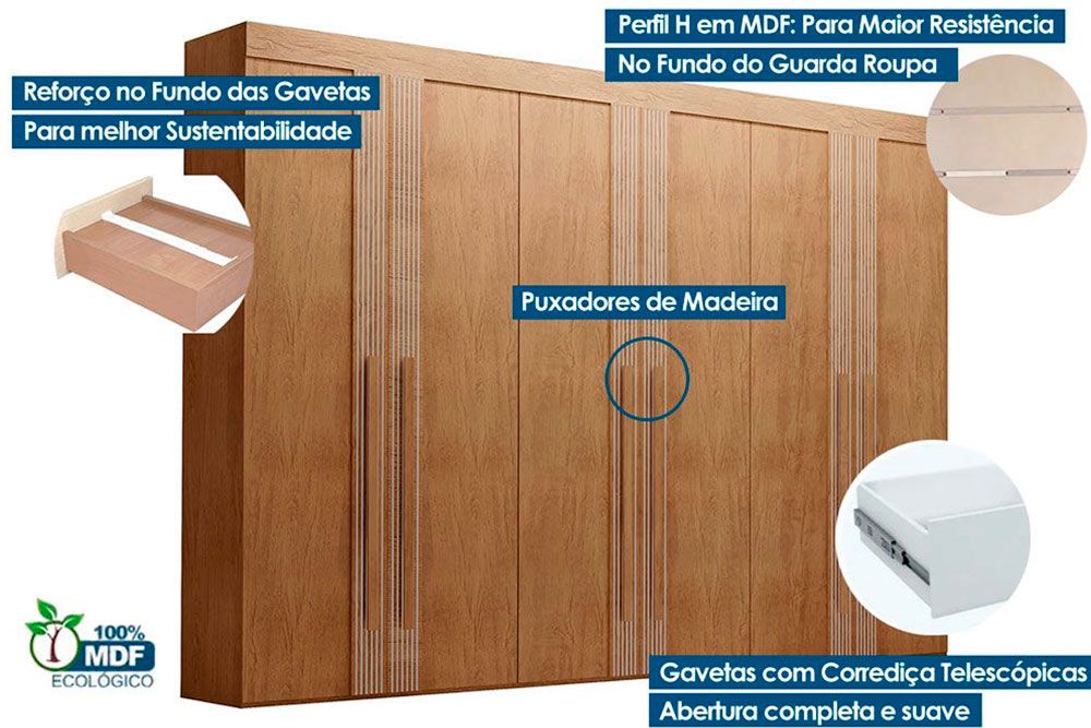 Guarda Roupa Casal 6 Portas e 6 Gavetas c/Pés Lucca Premium Rufato Guarda Roupa Casal 6 Portas e 6 Gavetas c/Pés Lucca Premium Rufato