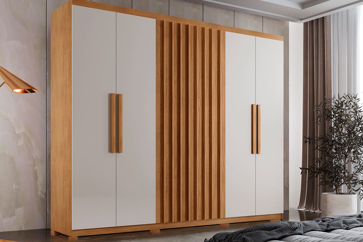 Guarda Roupa Solteiro 6 Portas (2 Ripadas) e 2 Gavetas c/Pés Cairo Rufato