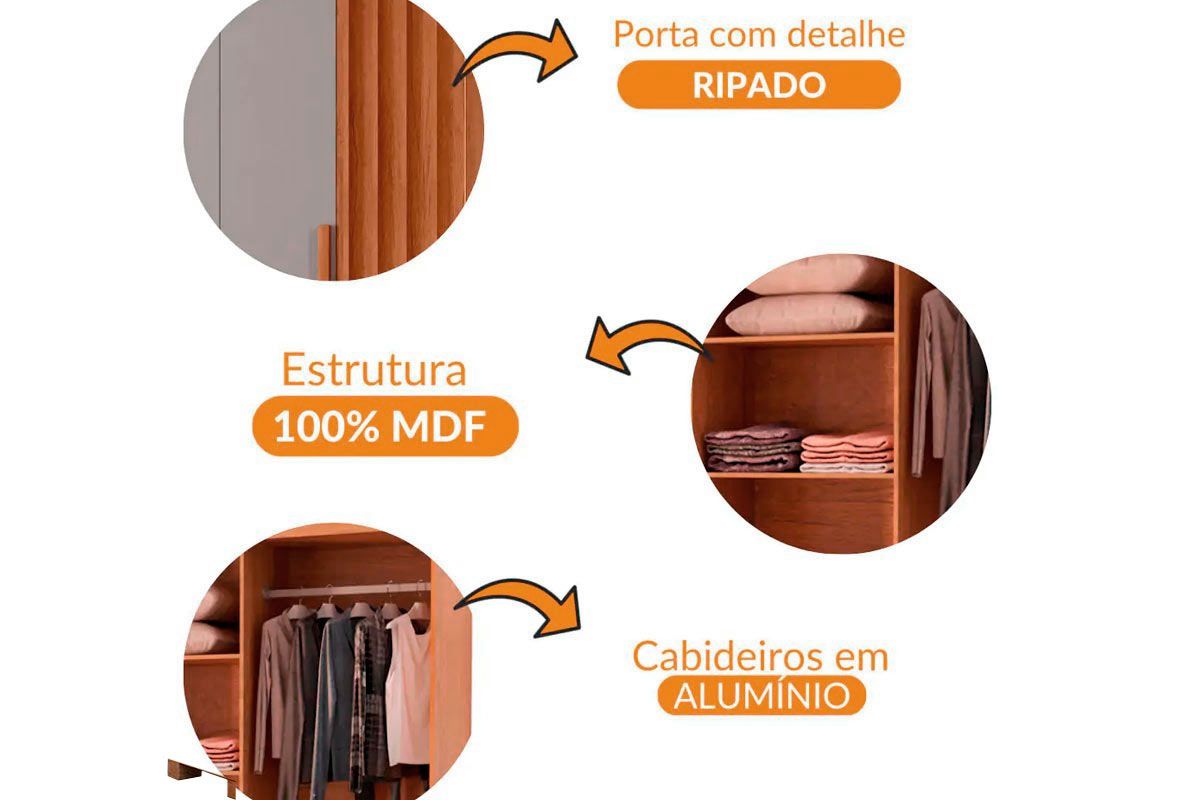 Guarda Roupa Solteiro 6 Portas (2 Ripadas) e 2 Gavetas c/Pés Cairo Rufato