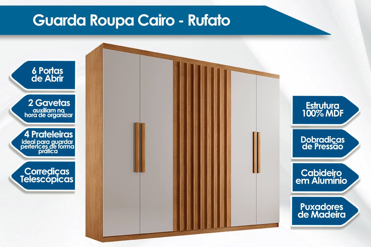 Guarda Roupa Solteiro 6 Portas (2 Ripadas) e 2 Gavetas c/Pés Cairo Rufato