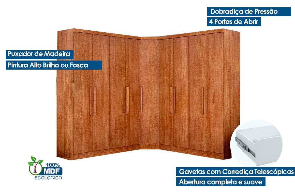Quarto Casal Completo Rizon/Linea 3Peças (2GuardaRoupas+1ClosetCantoObliquo) QCM105 Novo Horizonte