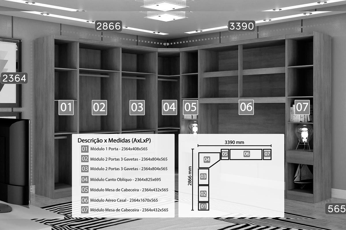 Quarto Casal Completo Rizon/Linea 7 Peças ( 1 Aéreo + 3 Guarda Roupas + 1 Closet Obliquo + 2 Complementos) QCM106 Novo Horizonte