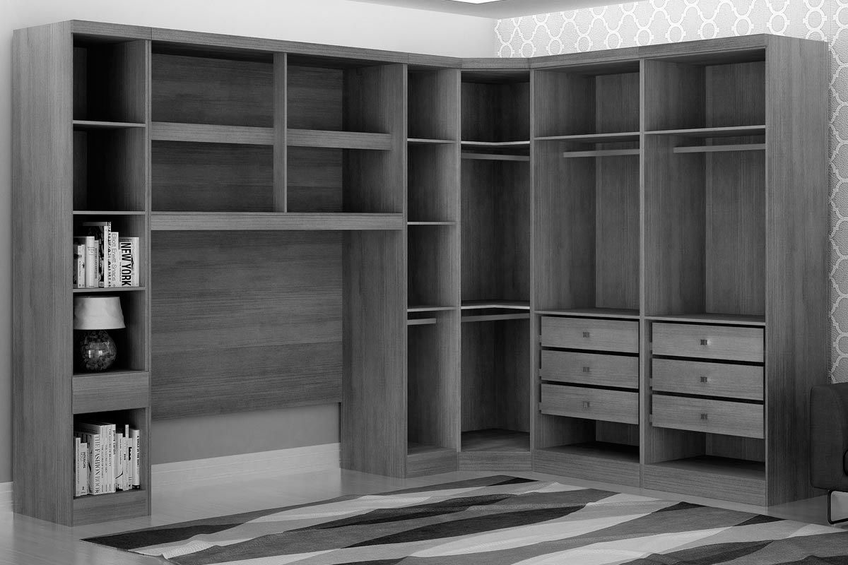 Quarto Casal Completo Rizon/Linea 6 Peças (1 Aéreo + 3 Guarda Roupas + 1 Closet Canto Obliquo + 1 Complemento) QCM109 Novo Horizonte