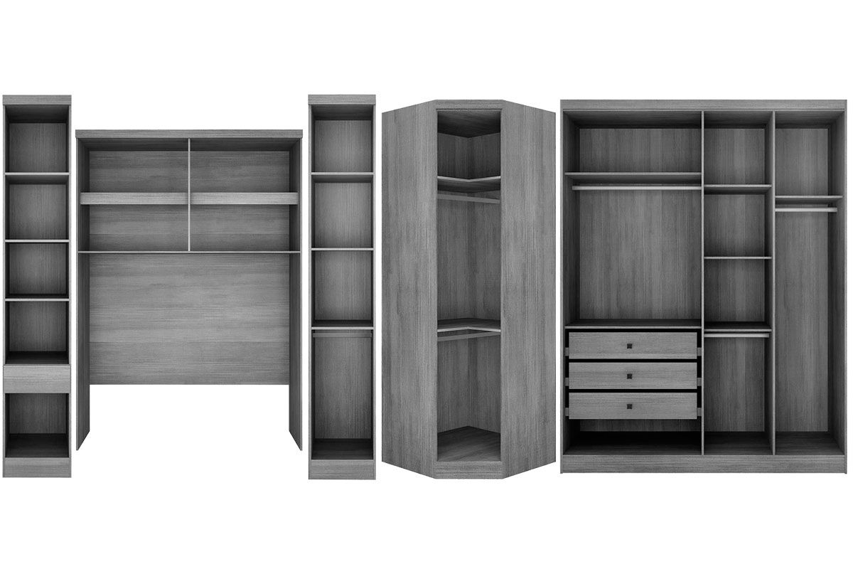 Quarto Casal Completo Rizon/Linea 5 Peças (1 Aéreo + 2 Guarda Roupas + 1 Canto Obliquo + 1 Complementos) QCM110 Novo Horizonte