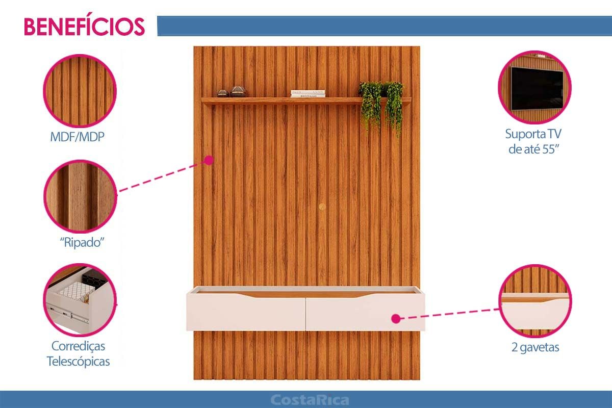 Rack Bancada c/Painel p/ TV até 55 Pol Pratic 143cm - DJ Móveis