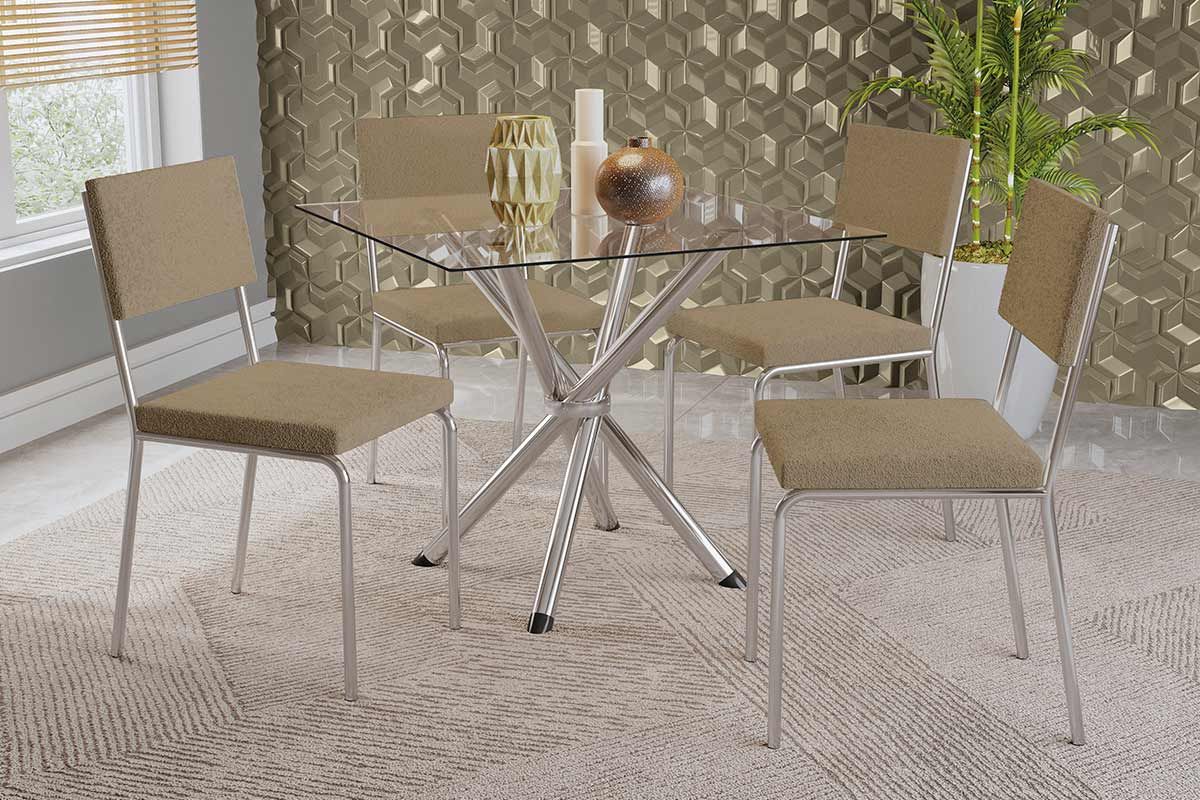 Sala Jantar Mesa Volga c/ Tampo de Vidro 90cm e 4 Cadeiras Zaria - Kappesberg