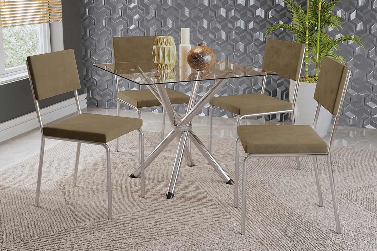 Sala Jantar Mesa Volga c/ Tampo de Vidro 90cm e 4 Cadeiras Zaria - Kappesberg