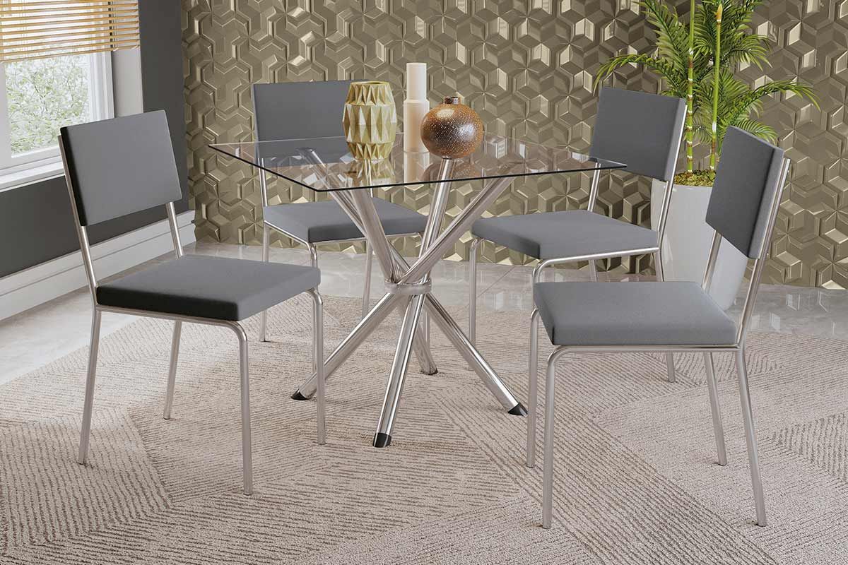 Sala Jantar Mesa Volga c/ Tampo de Vidro 90cm e 4 Cadeiras Zaria - Kappesberg