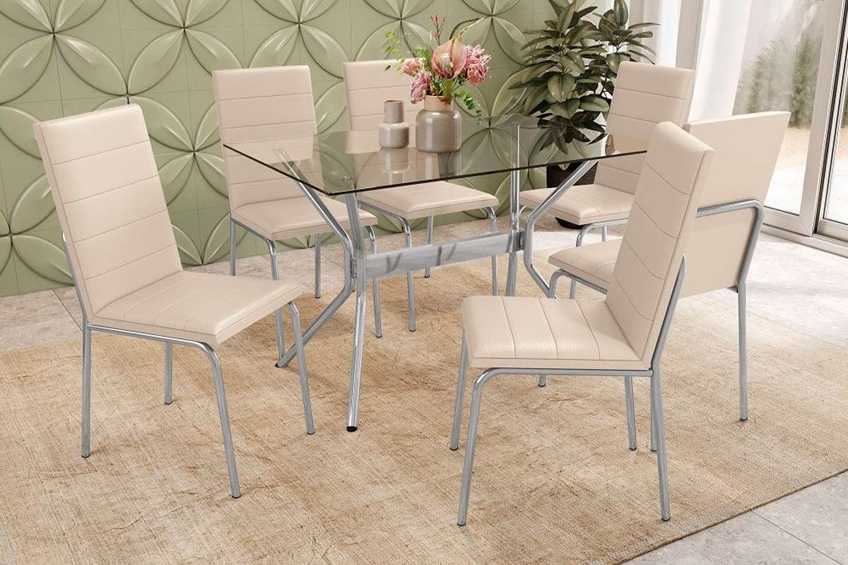 Sala Jantar Mesa Loire c/ Tampo de Vidro 120x80cm e 6 Cadeiras Amsterdã - Kappesberg