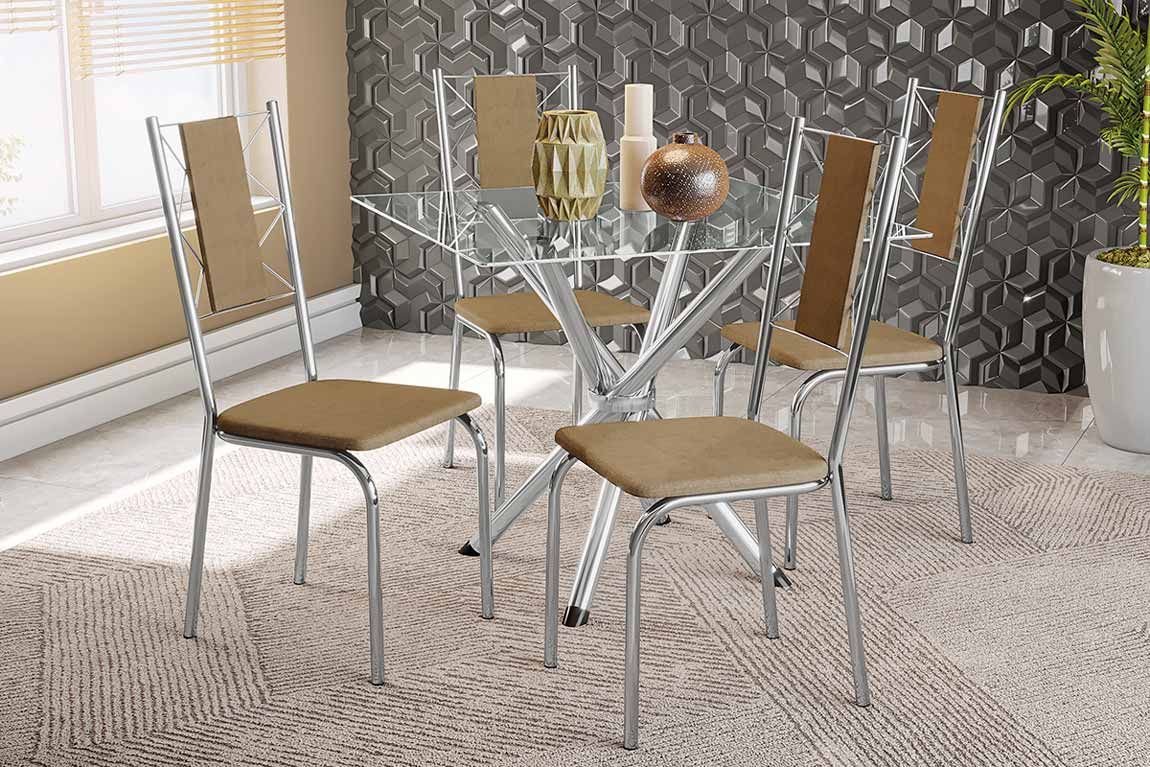 Sala Jantar Mesa Volga c/ Tampo de Vidro 90cm e 4 Cadeiras Lisboa - Kappesberg
