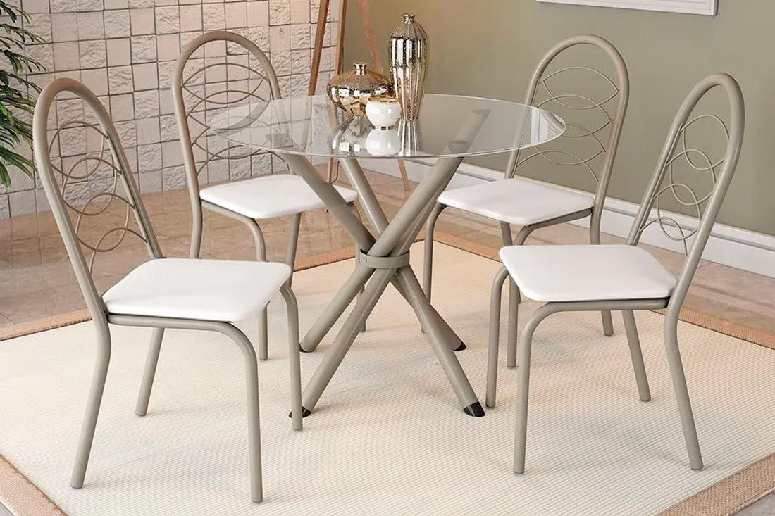 Sala Jantar Mesa Volga c/ Tampo de Vidro 95cm e 4 Cadeiras Holanda - Kappesberg
