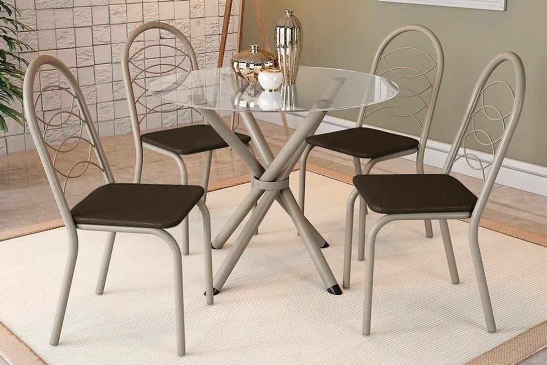 Sala Jantar Mesa Volga c/ Tampo de Vidro 95cm e 4 Cadeiras Holanda - Kappesberg