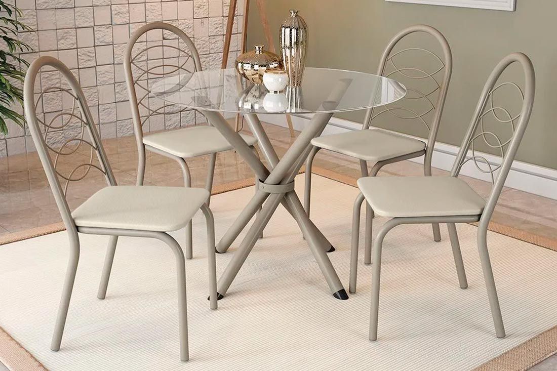 Sala Jantar Mesa Volga c/ Tampo de Vidro 95cm e 4 Cadeiras Holanda - Kappesberg