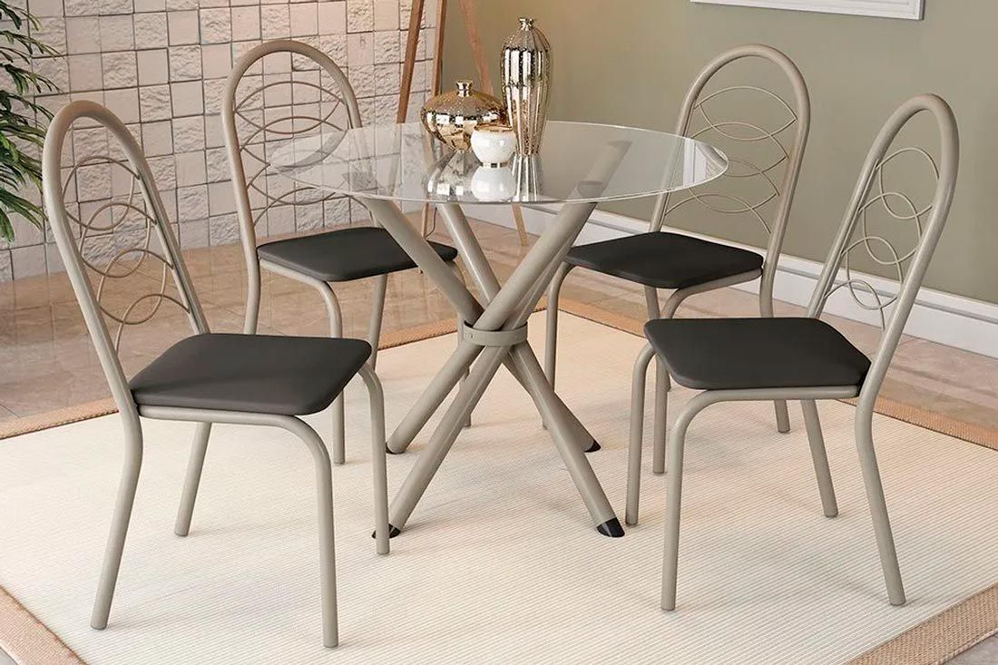 Sala Jantar Mesa Volga c/ Tampo de Vidro 95cm e 4 Cadeiras Holanda - Kappesberg