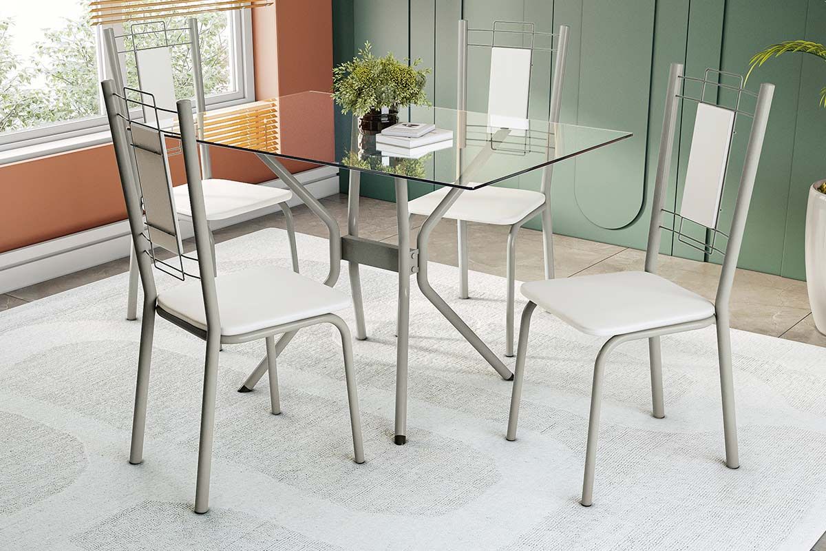 Sala Jantar Mesa Loire c/ Tampo de Vidro 120x80cm e 4 Cadeiras Florença - Kappesberg