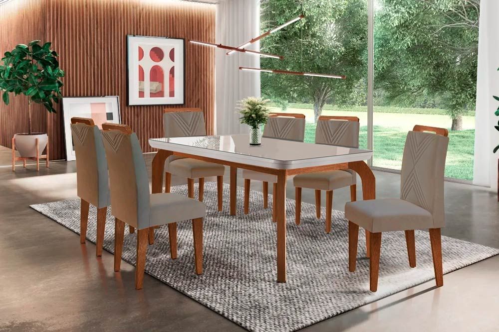 Sala Jantar Mesa Londrina Tampo MDF/Vidro Canto Curvo 180cm + 6Cadeiras Amsterdã - Rufato
