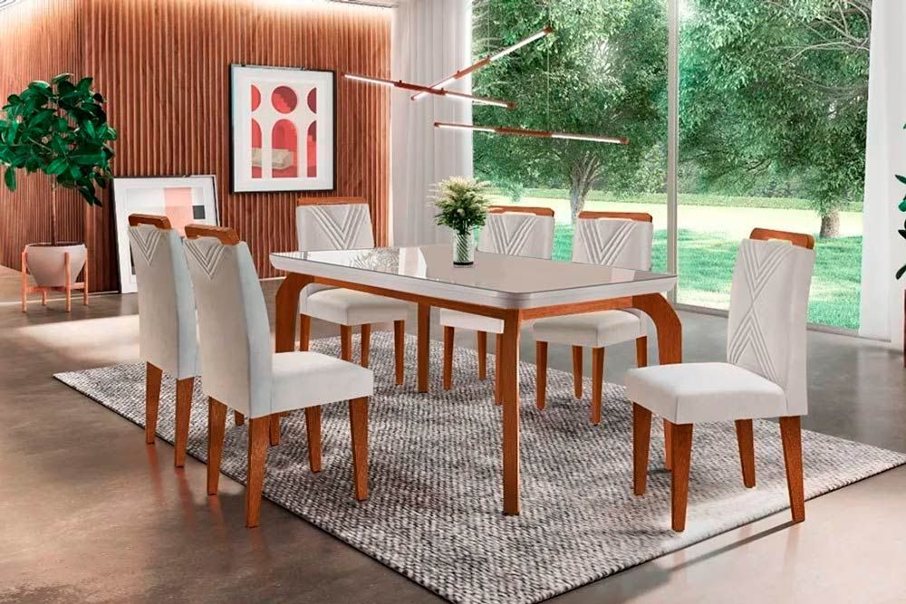 Sala Jantar Mesa Londrina Tampo MDF/Vidro Canto Curvo 180cm + 6Cadeiras Amsterdã - Rufato